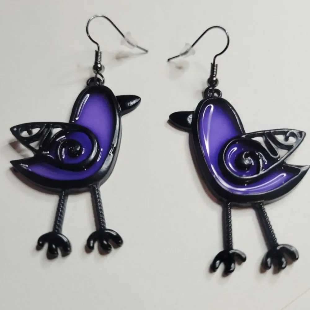 NWT 1970s Vintage Style Royal Purple Translucent Stained Glass Bird Earrings